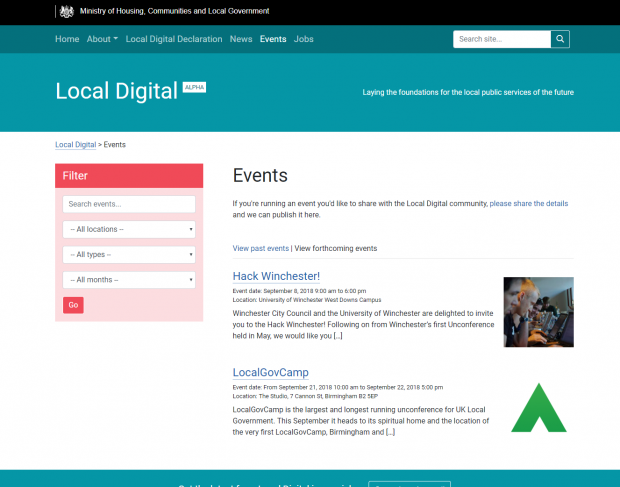 Screenshot of the events listing on localdigital.gov.uk