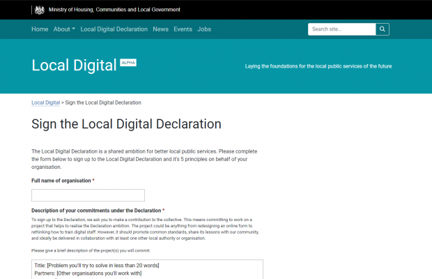 A screenshot of the Declaration sign up form on the Local Digital website