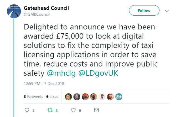 A tweet from Gateshead Council @GMBCouncil: "Delighted to announce we have been awarded £75,000 to look at digital solutions to fix the complexity of taxi licensing applications in order to save time, reduce costs and improve public safety @mhclg @LDgovUK"