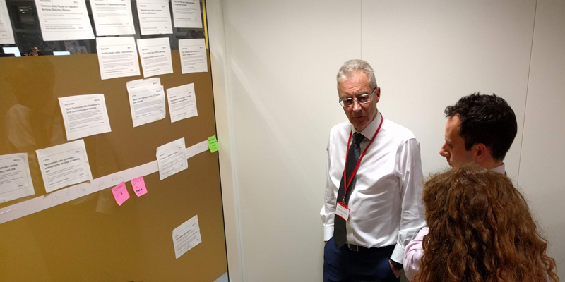 3 members of the expert panel stood in the meeting room, discussing the applications on the wall.