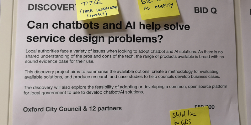 Close up of one of the application summary cards - Bid Q, Discovery, Can chatbots and AI help solve service design problems? The card has post-it notes around the edges, added by the expert panel