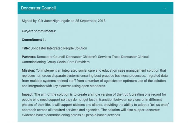 Print screen of the Local Digital website, showing the project commitment of Doncaster Council, 'Doncaster Integrated People Solution'. It also shows that the commitment was signed by councillor Jane Nightingale on 25 September 2018.
