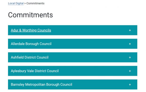 Print screen image of the Local Digital website, showing the Commitments webpage and a list of councils.