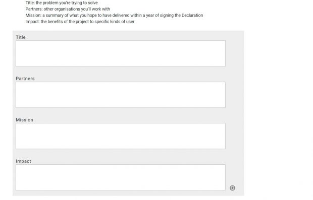 Print screen image from the Local Digital website, showing the four boxes to be completed for each committed project - Title, Partners, Mission and Impact.