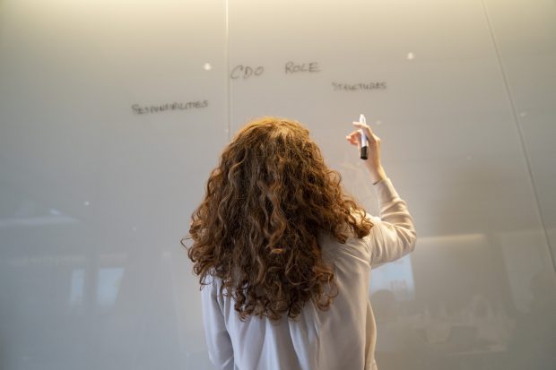 Photo taken from behind Linda O'Halloran as she writes upon a whiteboard wall. The wall reads 'CDO ROLE', and beneath it 'RESPONSIBILITIES' and 'STRUCTURES'.