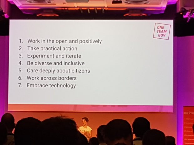 The OneTeamGov principles presented onstage by Kit Collingwood. They read: 1. Work in the open and positively. 2. Take practical action. 3. Experiment and iterate. 4. Be diverse and inclusive. 5. Care deeply about citizens. 6. Work across borders. 7. Embrace Technology. Image courtesy of @OneTeamGov