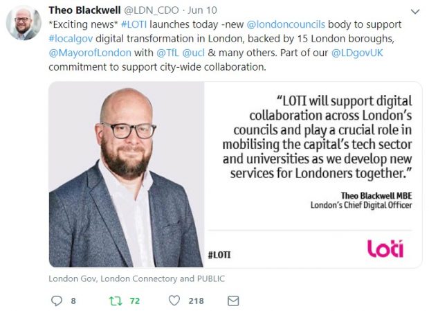 A screenshot of Theo Blackwell's tweet: Exciting news - the London Office of Technology and Innovation launches today - a new London Councils body to support local government digital transformation in London, backed by 15 London boroughs, the Mayor of London, Transport for London, University College London and many others. Part of our Local Digital Declaration commitment to support city-wide collaboration.