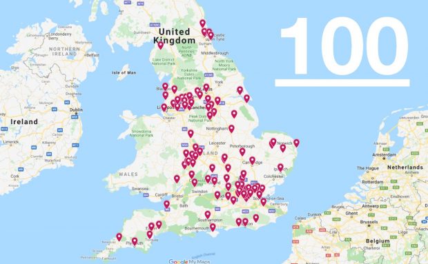 A map of the United Kingdom, displaying the locations of councils that have worked on Local Digital Fund projects. The total number of 100 is in the corner of the image.