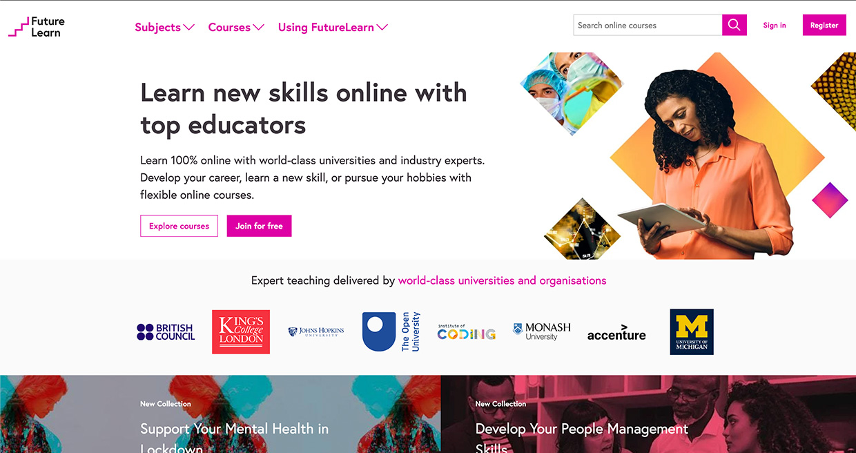 A screenshot of the FutureLearn website homepage