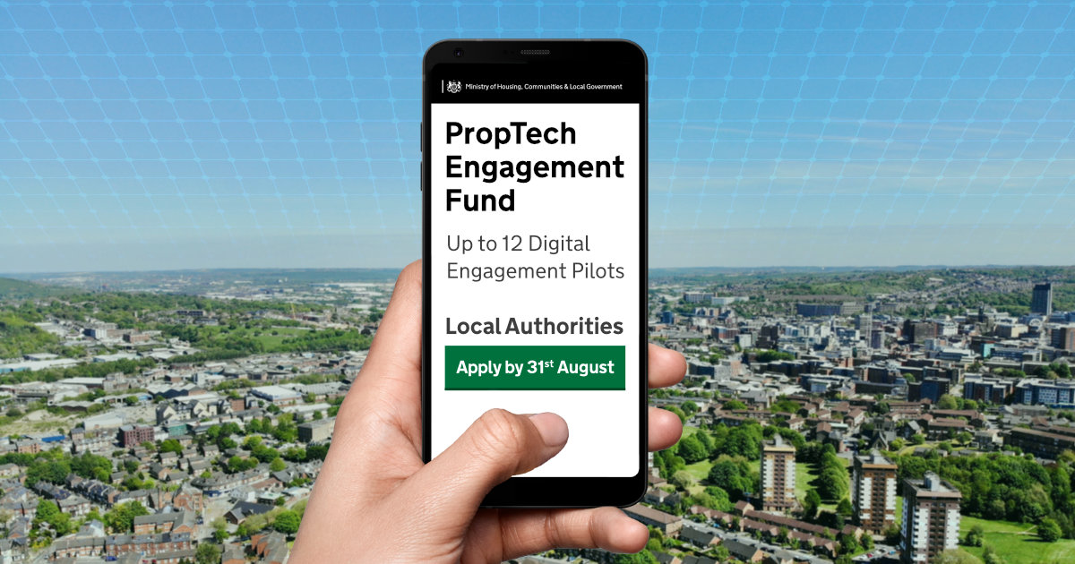 An image of a hand holding a phone that reads: PropTech Engagement Fund - Up to 12 Digital Engagement Pilots - Apply by 31st August