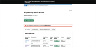 Buckinghamshire Council’s back-office planning system showing applications for a planning officer to review and make a decision on.