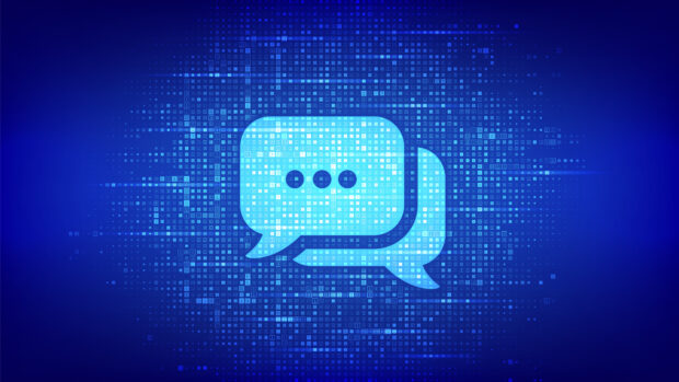 Chat icon made with binary code. Chatbot assistant application. Talk bubble speech. Dialogue balloon. Binary data and streaming digital code. Matrix background with digits.