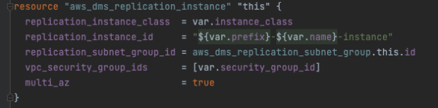 a code snippet showing how the replication instance was created