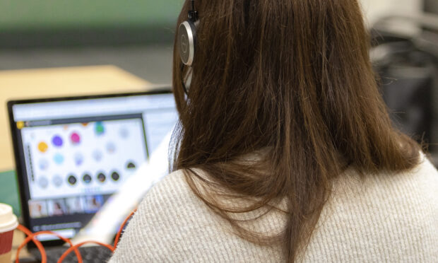 A person with their back to the camera, working on a laptop