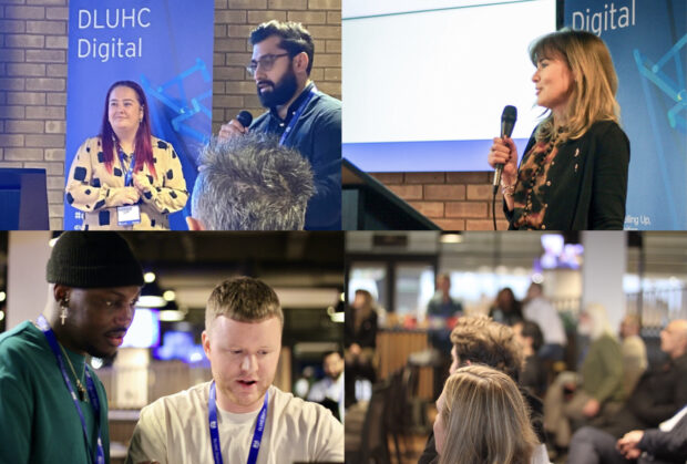 An image composed of 4 separate images - each one showing people either speaking or listening to a talk at an event.