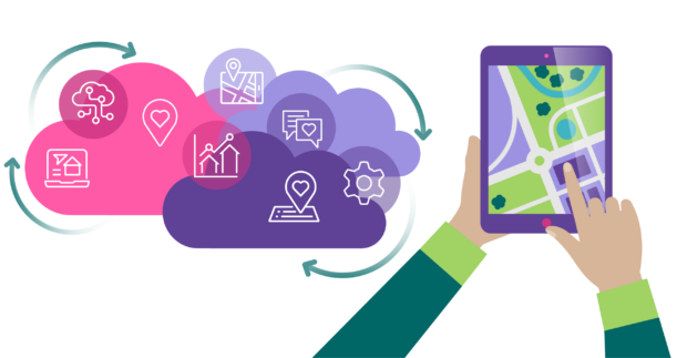 A graphic showing a cloud with symbols of maps, statistics and information and hands holding an iPad to represent data required for the planning system