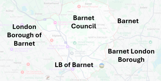 A graphic showing a map of Barnet, with the following phrases listed: London Borough of Barnet, Barnet Council, Barnet, LB of Barnet and Barnet London Borough.