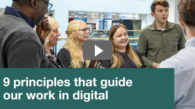 a team having a stand-up and text saying '9 principles that guide our work in digital' 