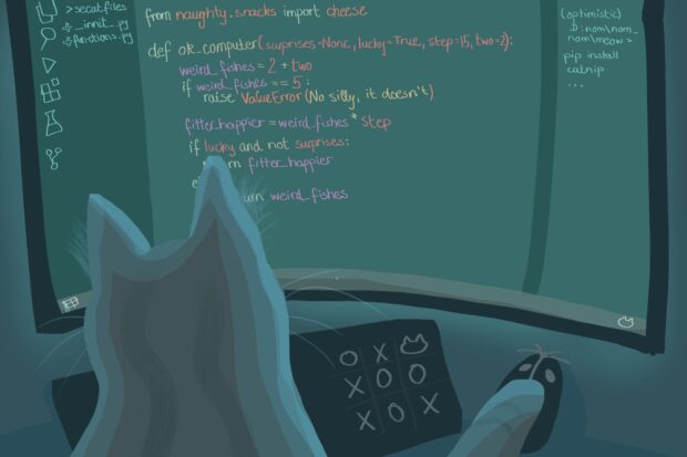 an illustration of a cat using a computer to write some text that resembles code