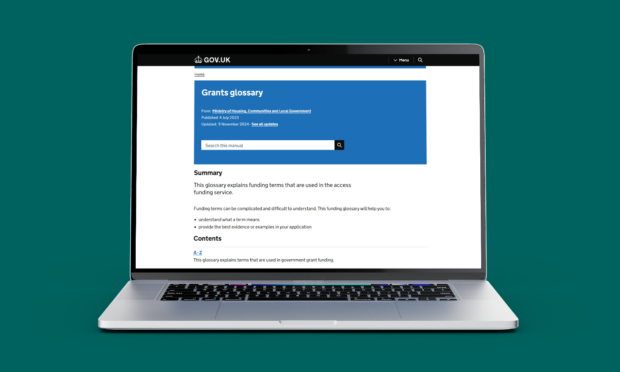A screenshot of the 'Grants glossary' page on GOV.UK