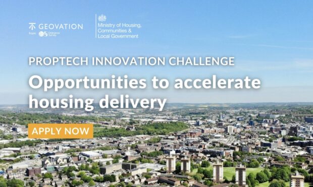 A title card that says 'PropTech innovation challenge: opportunities to accelerate housing delivery. Apply now.'
