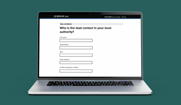 a laptop screen showing a 'key contacts' form on GOV.UK Delta