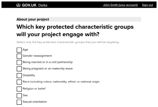 A screen asking which key protected characteristic groups the project will engage with