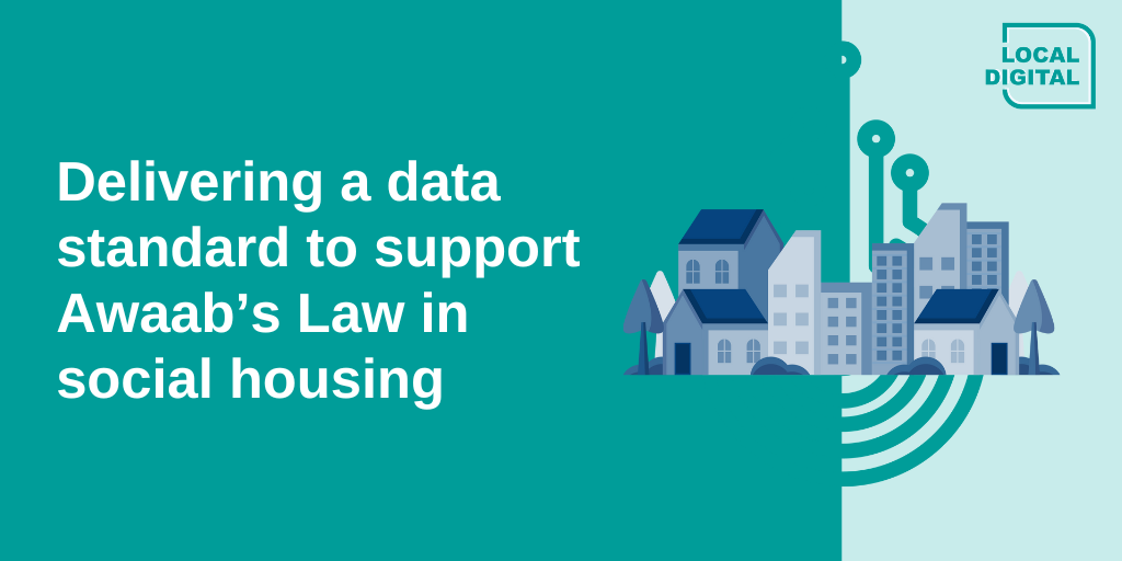 Image with housing and data symbol representing Delivering a data standard to support Awaab’s Law in social housing