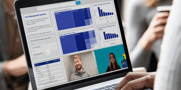 Two Local Digital team members on screen discussing a new tool to support local government with software market intelligence