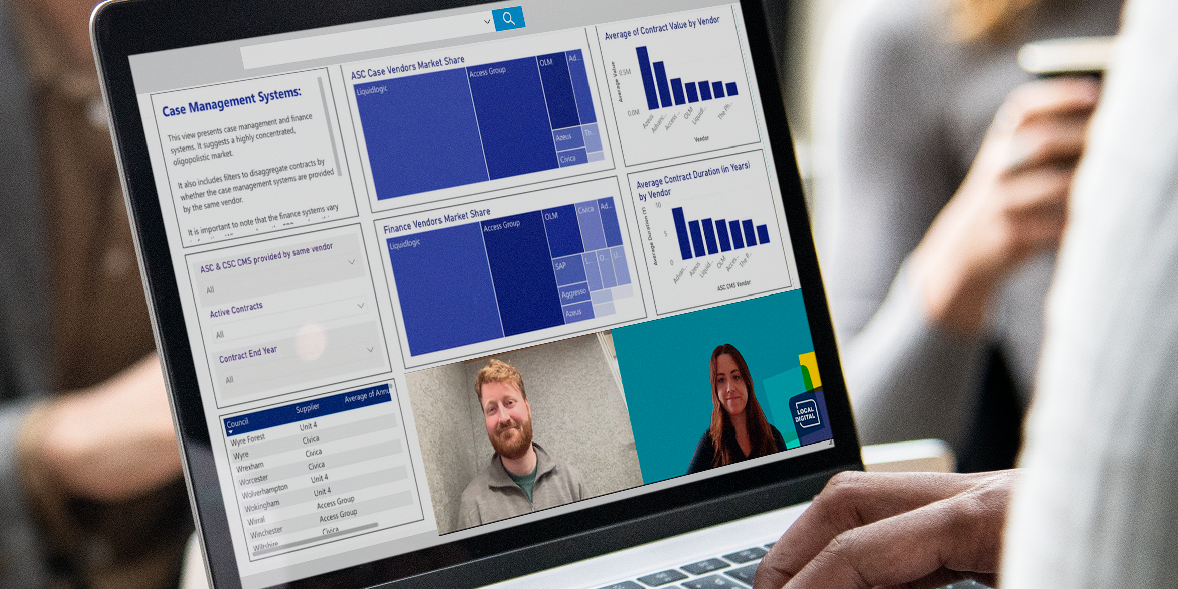 Two Local Digital team members on screen discussing a new tool to support local government with software market intelligence
