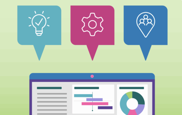 Graphic of a laptop displaying data with surrounding icons to symbolise data and creation of data standards