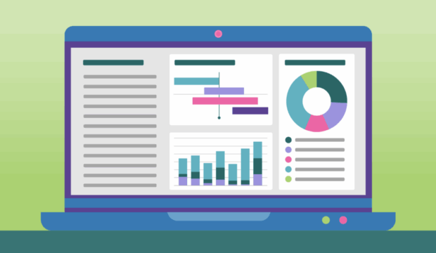 Drawing of a laptop showing various graphics and anonymous data on screen