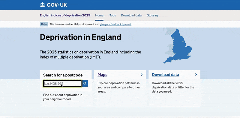 Animated image of someone entering a postcode in the local deprivation explorer to find out about an area, followed by a scrolling page of words and charts explaining deprivation in a selected area; followed by an image of someone navigating to and exploring deprivation patterns in Leicester.