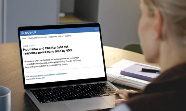 A person looking at a laptop screen that shows one of the case studies