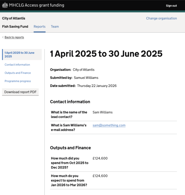 A screenshot showing a review reporting page in Access grant funding 