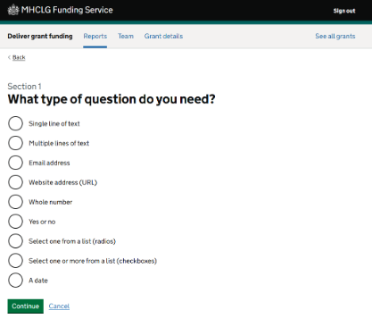 A screenshot of adding a question type in the Deliver grant funding service