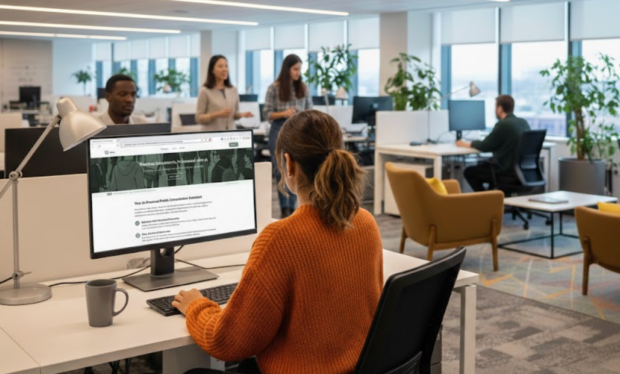 A planning officer sitting at a desk with the PlanAI tool displayed on the computer screen in front of her.