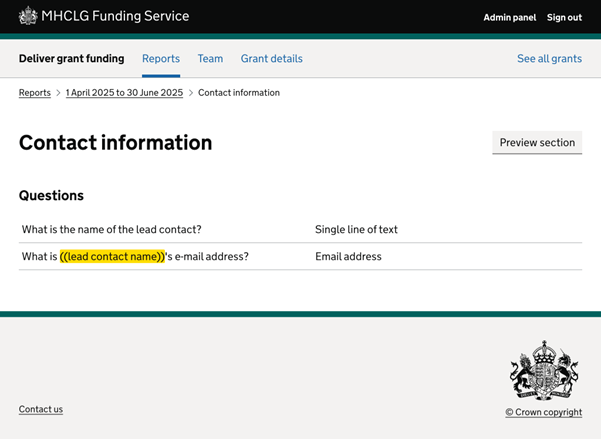 A preview of the Deliver grant funding service, contact information page