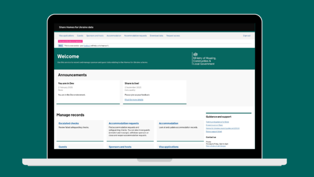 Laptop screen showing Homes for Ukraine Share homepage.