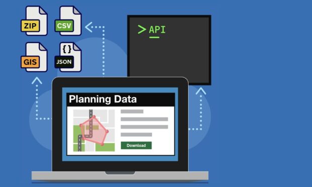 graphic showing file inputs into a computer screen from planning data.gov.uk