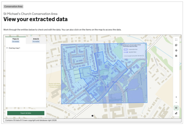 A screenshot of a page in the Extract tool showing 'View your extracted data' and a map 