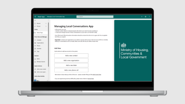 A laptop screen showing the Managing Local Conversations app homepage 