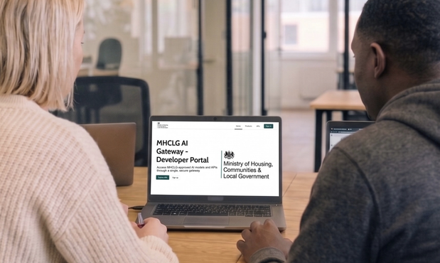 two people facing away from the camera and looking at a laptop screen showing the homepage of the AI Gateway portal