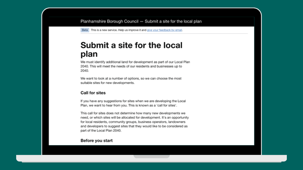A mock-up of the Submit a site for the local plan tool, shown with the fictional Planhamshire Borough Council.